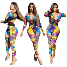 Amazon hot style 2020 one-piece temperament long-sleeved color printed slim-fit jumpsuit ladies outfits stretch bodysuit set